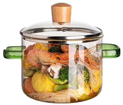 Generisch Glas-Kochtopf mit Deckel, 1,6 l, Klarglas, mikrowellengeeignet, hitzebeständig, 1,6 kg, 22 cm, Unbeschichtet, Grün, Gelb, Transparent