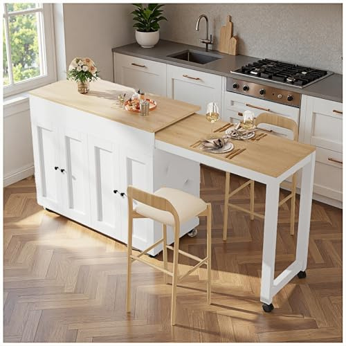 Wyibwy Mueble de cocina (118 x 50 x 94 cm), mesa de bar retráctil con espacio de almacenamiento de seis estantes, mesa de bistró utilizable como divisor para el salón, blanco