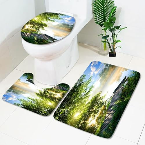 Badezimmerteppich Grüne Blaue Wolken WC Vorleger mit Ausschnitt WC Deckelbezug 3 Teiliges WC Teppich rutschfeste Badgarnitur U förmiger Badematte Waschbar Bad Teppiche Set 50x80 cm