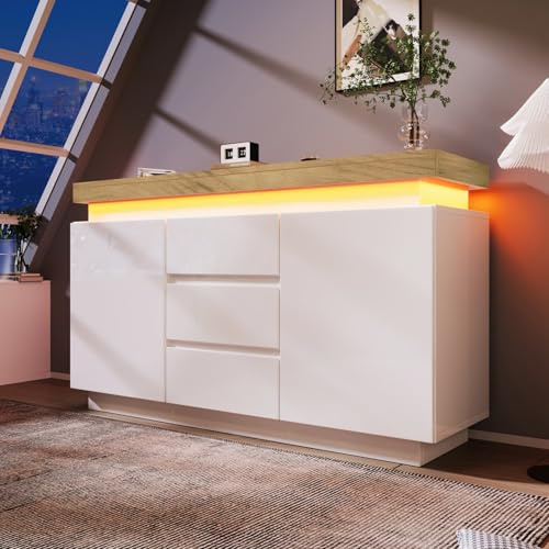 KOMHTOM Commode avec 2 Portes et 3 tiroirs, Meubles de Rangement Armoire avec éclairage LED, pour Chambre à Coucher et Salon, Blanc (G)