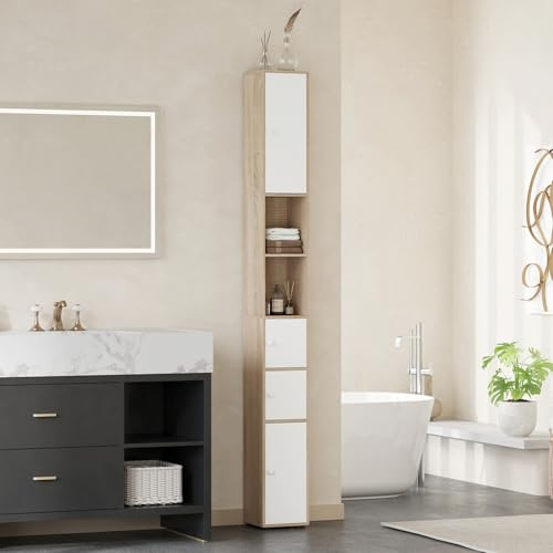 Homullel 20 cm Breit Badezimmerschrank 180 cm Hoch Schmal Hochschrank für Bad, Schmaler Badschrank Küchenschrank Buffetschrank für Küche, Badezimmer (Weiß+Ahorn, 180 cm)