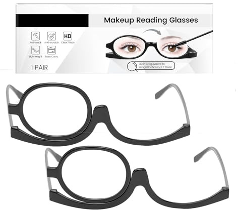 Makeup Reading Glasses For Women, Rotatable Beauty Aid Glasses, 1.7x Magnification + 180° Adjustable Anti-Fog Lens Portable Folding Makeup Set for Womens With Flip-Down Single Lens Rotating (2Pc)