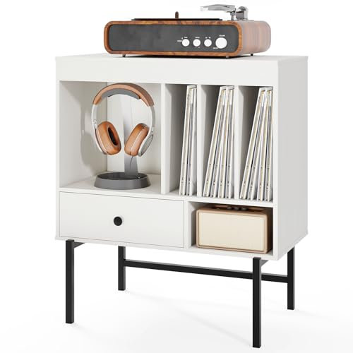 COSTWAY Soporte para Tocadiscos, Mesillas de Noche Soporte de Vinilo Moderno con Compartimentos Abiertos, Soportes y Cajón para Álbumes, Mueble para Tocadiscos para Sala de Música (Blanco)
