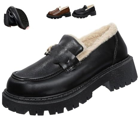 Mocassins en cuir avec doublure en laine et semelle épaisse pour femme, mocassins à plateforme épaisse avec chaîne à enfiler, chaussures décontractées d'affaires, Noir , 43 EU