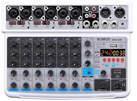 Mini Mixer a 8 canali Mixer di linea DC 5V con lettore MP3 Bluetooth USB 48V 24DSP Effetti Registrazione USB,Ultra-preciso(BMG-08F-W)