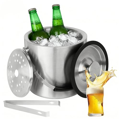 2.0L Seau à Glace en Acier Inoxydable, Bac a Glacons avec Couvercle, Seau à Glace avec Couvercle et Clip a Filtre, Champagne Cooler, pour Bar Fêtes Barbecues,Pique-niques, Bar