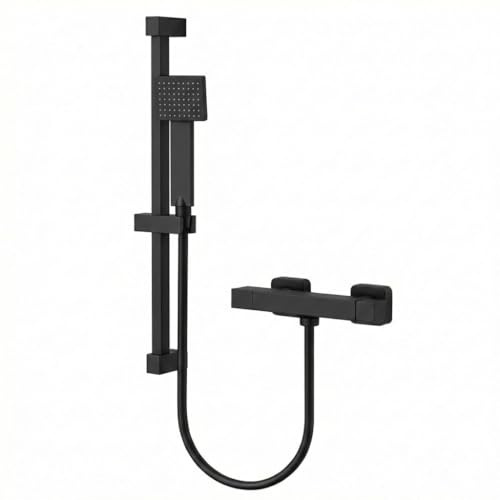 Arko Thermostatic Shower Mixer with Adjustable Riser Kit, Wall Mounted Exposed Thermostatic Shower Set, Wall Mounted Hand Shower with Rise Rail (Square, Black)