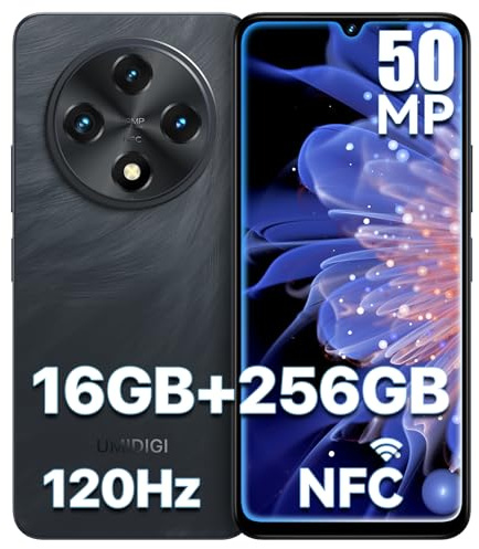 UMIDIGI G100 Mobile Phones NFC, 16GB+256GB, 6.9 HD+120Hz Display,5000mAh/20W Fast Charging, 50MP+16MP, Smartphone 4G Dual SIM, Sim-Free Mobile Phones Unlocked, Face ID/GPS/OTG,Black