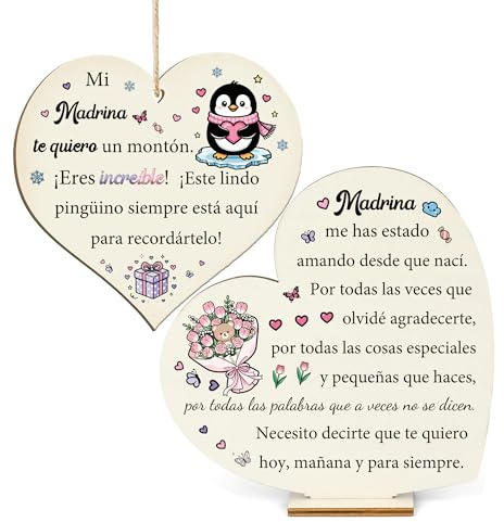 Regalos Pingüino Mamá Madrina Tía Cumpleaños Día Madre Cartel de Madera Adorno Juego de 2 Piezas Papá Abuelo Padre Placas de Corazón Hombres Mujeres Esposa Esposo Navidad Maestro Presentes (Madrina)
