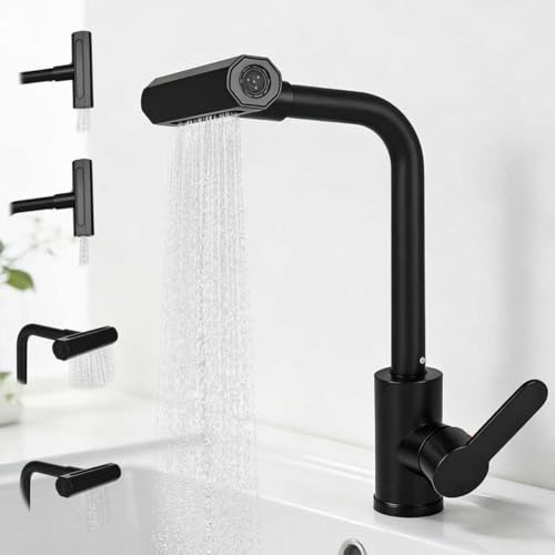 RUCUDIM Robinet de cuisine cascade avec 4 types de jets, robinet mitigeur rotatif à 360°, mitigeur d'évier monocommande, robinet de cuisine noir en acier inoxydable chromé poli