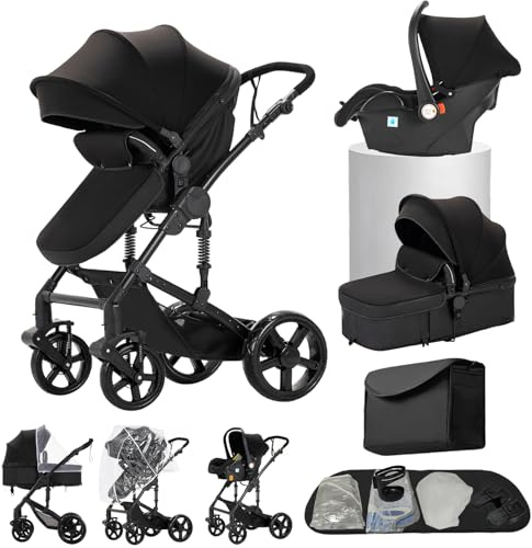 Carrito bebe 3 en 1, Capazo, Cochecito Deportivo y Silla de Coche, para Bebés de 0 a 36 Meses (Negro)
