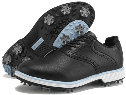 JiuQing Scarpe da Golf da Donna Scarpe da Allenamento Professionali con Chiodi in Pelle con Lacci Stile Business Casual,Nero,39 EU