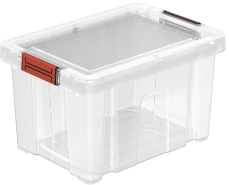 eacommerce | Box contenitore multiuso | Coperchio con clip soft touch, impilabile e sovrapponibile, resistente agli urti | Per garage, deposito, portagiochi (Trasparente, 20 Litri - 29,5x41x25 cm)