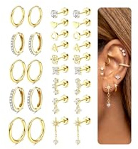 14 Paar Ohrringe Gold Silber Ohrstecker Wasserfest - Hypoallergen Chirurgenstahl Ohrringe für Damen CZ Flatback Medizinische Ohrstecker und Klein Ohrring Creolen Helix Tragus Conch Piercing Set