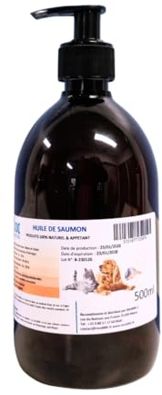 500ml Huile de Saumon 100% Naturelle pour Chiens, Chats et Chevaux, Riche en Oméga 3-6-9 et Vitamines