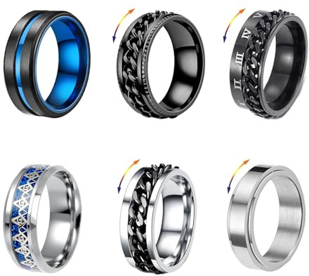 Uwiyo 6PCS Bague Hommes Femmes Acier Inoxydable, Bague Anti Stress Bague Argent Noir Bleu Tournante Chaîne Bagues Vintage Gothique Anneaux Bagues Bijoux Mariage Promise Bagues Hommes Garçons, 8mm