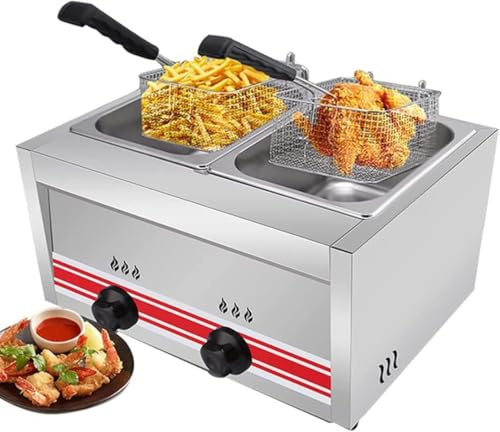 PGKTKCWH Friggitrice professionale a gas GPL, friggitrice commerciale in acciaio inox con cestini e coperchi, per uso commerciale, ristorante, casa, cucina, monocilindro, 20 l