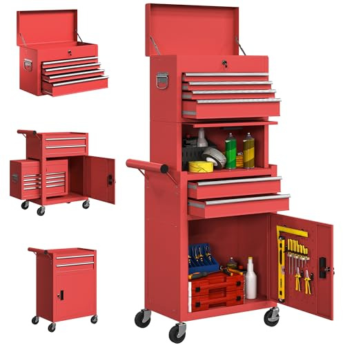 HOMCOM Carrello Porta Attrezzi in Acciaio con Serratura 3 in 1 Rosso | Carrello Portautensili da Officina, 6 Cassetti, 2 Armadi, Pannello Forato, Ruote, Maniglia, Capacità 100kg