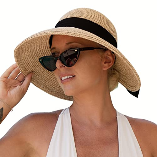 Comhats Damen Faltbarer Strohhut Sommerhut UPF 50 + mit Sonnen Shade breite Krempe Beige S