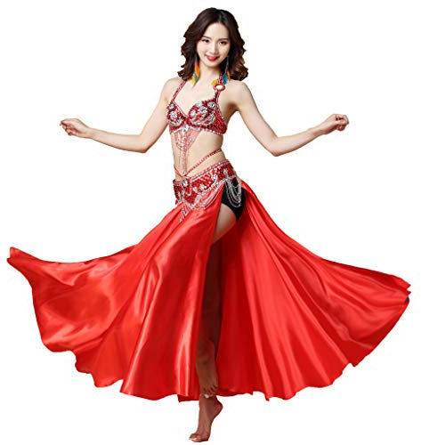 Baisdan Arabischer Bauchtanz Halloween Karneval Fasching Kostüm Tanzoutfit Top Gürtel Rock Anzug Medium Rot