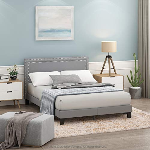 Furinno LAVAL Bed Frame, UK Double Size Bedframe with Double Row Nail Head Headboard, Upholstered Bed with Legs, 12pcs Wooden Slat Support, Easy Assembly, for Bedroom, Dorm, Glacier