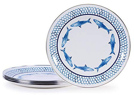 Golden Rabbit Enamelware Dinner Plates, 10.5 inch, Fish Camp, Set of 4
