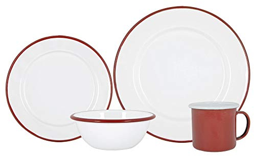 Argon Tableware Weißes Emaille -Abendessen - 25,5cm - 16pc - Rot