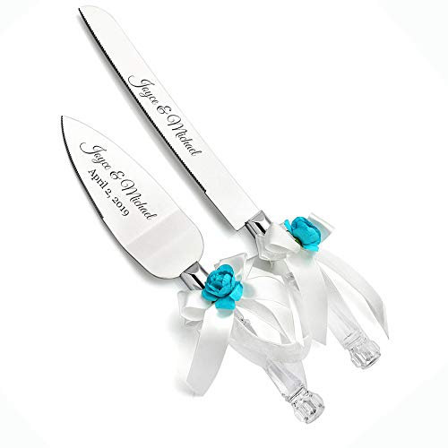 Ensemble couteau et pelle à gâteau gravé imitation crsytal pour anniversaire, anniversaire de mariage, souvenir de mariage (bleu)