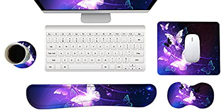 Handballenauflage Tastatur + Mauspad + Handgelenkauflage + Untersetzer, Memory Foam 4-in-1 Handgelenkauflage Mauspad-Set für Computer, Laptop, Zuhause & Büro (Schmetterling)