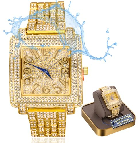 Halukakah Premium Diamant Golduhr für Herren,Luxus 18k Echtgold Plattiert,Basic Wasserdicht,Artistik Ziffernblatt Extra Groß Quadratisch,Iced Out,24cm Armband,Geschenkbox Inklusive