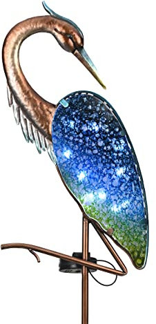 TERESA'S COLLECTIONS Solarlampen für Außen,Gartendeko für draußen, Solarleuchte im Freien, Graureiher Gartenfigur, Solar Gartenleuchte Metall Glas wasserdichte Wegeleuchte