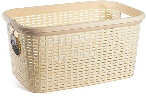 Tradineur - Cesta Colada Rectangular de plástico - Fabricado en España - Capacidad de 35 litros - Estilo Mimbre - 53,5 x 36 x 26,5 cm - Color Marfil