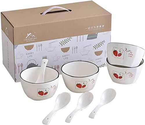 2-4 Stück Set Porzellan-Getreideschalen mit Löffel Strawberry Muster Quadratische Reisschale Getreideschalen Geschirr mit Geschenkboxen Mikrowelle Geschirrspüler Safe (Color : Set of 4)