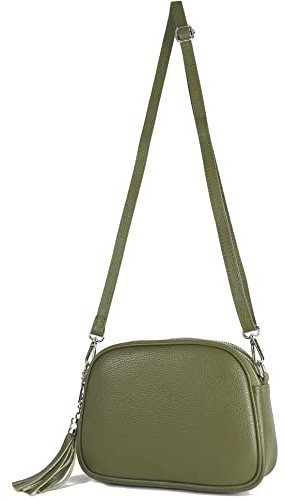 modamoda de - T238 - ital. Damen Umhängetasche Leder Medium, Farbe:Olivgrün