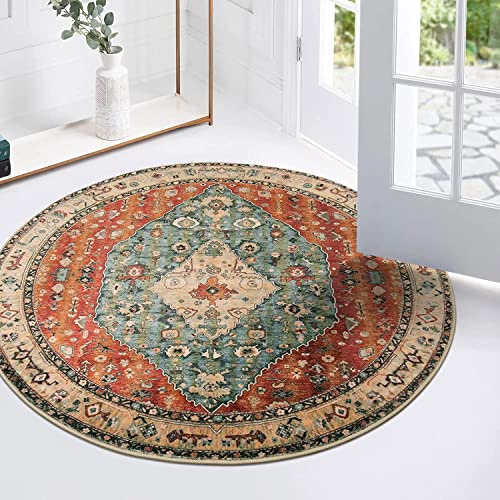KIMODE Round Rug, 90cm Soft Vintage Boho Rug for Bedroom, Living, Dining Room - Non Slip, Machine Washable, Indoor Mat