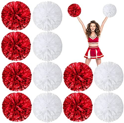 Deekin Cheerleader-Pompons, Cheerleader, Squad, lustige Pompons, 30,5 cm, Metallfolie, Cheerleader-Pompons mit Griff, Blumen für Sport, Team, Tanz, Kostüm, Party, je 50 g, Gewicht (rot, weiß), 12