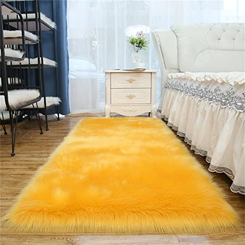 Tomifine Faux Sheepskin Rug Soft Fluffy Fur Area Rugs Shaggy Carpet for Bedroom Rug Washable Anti-Slip Mats Floor Sofa Bedside Carpet Home Decor (50 x 80 cm,Yellow 2)