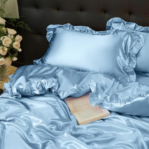 Sedefen Satin Bettwäsche Set 135x200cm mit Rüschen Blau Glatt Glänzend Luxus Seide Bettwäsche Set Kühlender Uni Sommer Bettbezug mit Reißverschluss und Kissenbezug 80x80cm