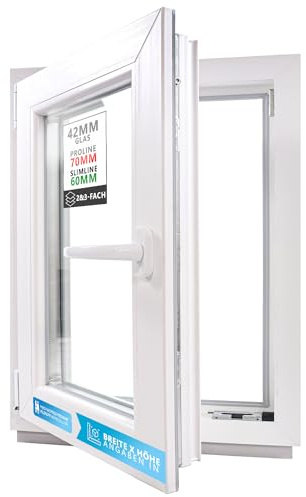 Kellerfenster Kunststofffenster weiß, BxH: 50 x 100 cm / 500 x 1000 mm 3-fach Verglasung (42 mm) Dreh-Kipp inkl. Pilzkopfverriegelung, DIN Rechts (Griff Links), 70 mm Profil