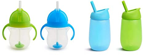 Munchkin Click Lock Tip and Sip Weighted Flexi Straw Cup, 7 oz/207 ml, Blue/Green, Pack of 2 & Simple Clean Straw Cup, 10oz/296ml, 2 Pack, Blue/Green