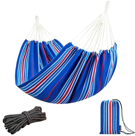 JoyView Brasilianische Hängematte für Einzelperson, tragbare Baumwoll-Hängematte mit Seilen zum Aufhängen und Tragetasche, 200 x 100 cm, 136 kg Kapazität, perfekt für drinnen und draußen, blaue