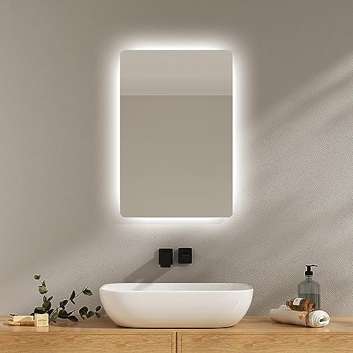 EMKE Badspiegel mit Beleuchtung 40x60cm, 2 Lichtfarbe Warmweiß/Kaltweiß | Badezimmerspiegel mit Anti-Beschlag-Funktion, Kippschalter, IP44 Schutz, explosionsgeschützter Spiegel