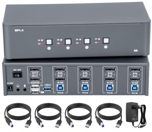 KVM Switch 2 Monitors 4 Computers, 8k Displayport Switch with USB 3.0, Jack, 4 Computers Share a Set of Keyboard, Mouse, Support Windows/Mac/Linux (KVM-DP4-2)