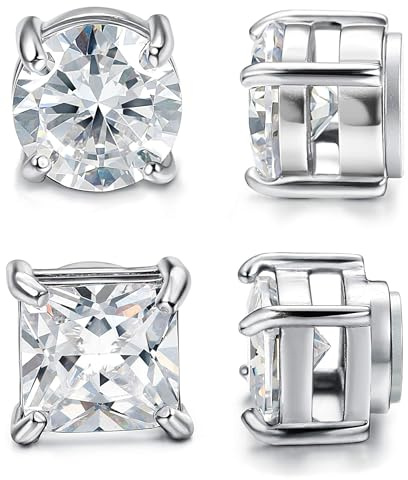 CASSIECA 2Pares Pendientes Magnéticos, Pendientes de Imán para Hombre Mujer Pendiente magnéticos Hombre Diamante Pendiente Iman Hombres Plata Circonita Falso Clip Non Piercing 5mm