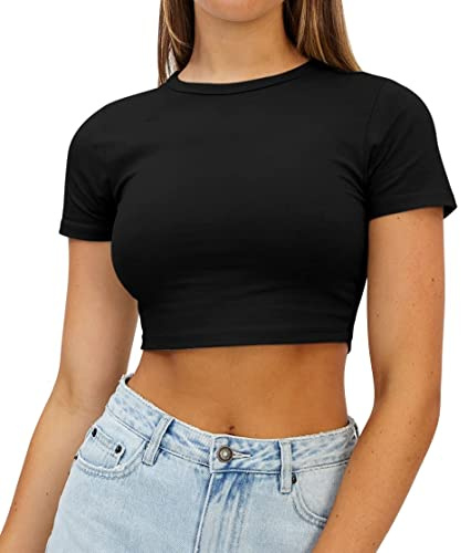 AirMood Damen Crop Sommer Tee Tops Kurzarm Casual Cropped Tshirt (Black,S)