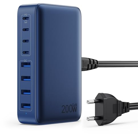 200W USB C Ladegerät, GaN III 8-Port USB Schnellladegerät PPS PD 65W Laptop Ladegerät Adapter USB C Schnellladestation mit USB-A, USB C Netzteil Charger für MacBook, iPhone,SteamDeck,Smartphones-Blau
