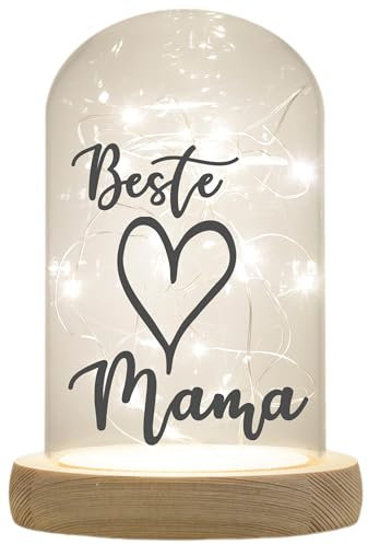 WB wohn trends LED-Glaskuppel, Beste Mama Herz, 16,5x11cm, Glasglocke mit LED-Licht und Holz-Fuß LED-Laterne LED-Lampe mit Text Spruch
