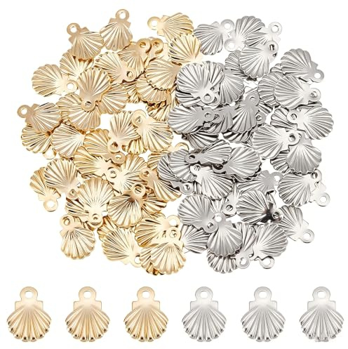 UNICRAFTALE 100 Stück 2 Farben Ozean Muschelanhänger 304 Edelstahl Muschelanhänger Metall Meerestiere Anhänger Loch 1 mm Für DIY Armbänder Halsketten Ohrringe Schmuckherstellung