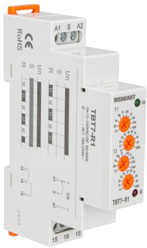 Wengart Relé de Temporizador de Ciclo Asimétrico TBT7-R1, Retardo de Apertura y Cierre Ajustable (T1/T2), AC/DC 12V-240V, Rango 0,1s-100 Días, Montaje Carril DIN para Riego y Ventilación Industrial