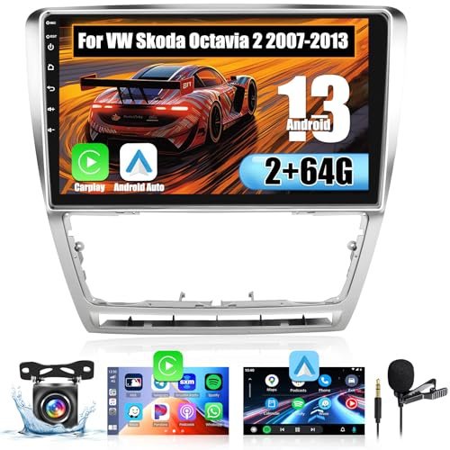 Inefala Autoradio för VW Octavia 2 (2007-2013) Android (2 + 64GB) 10, 1 Tums bilradio med trådlöst CarPlay Android Auto GPS Bluetooth WiFi FM RDS Rattkontroller Backkamera
